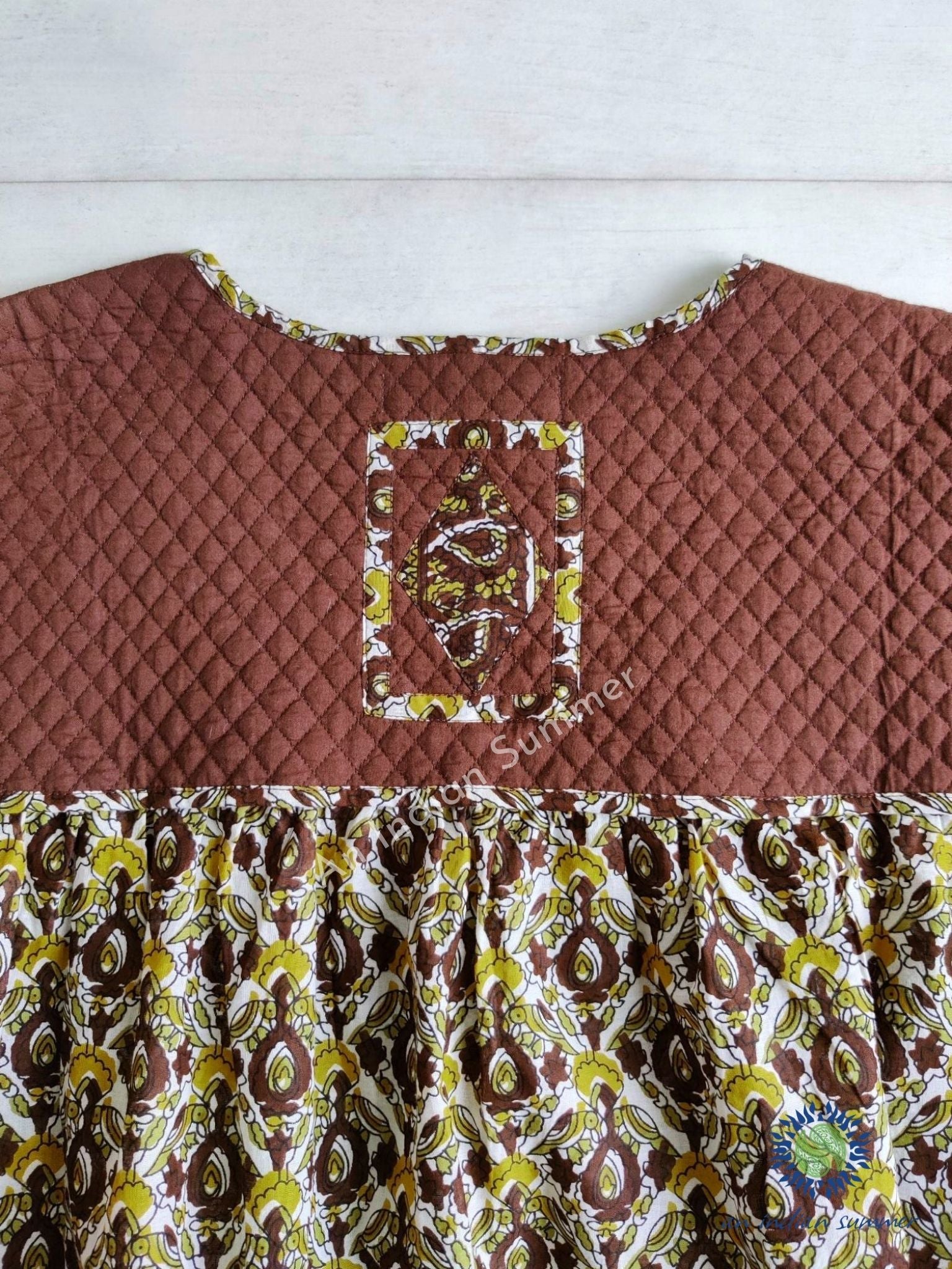 Quilted Patch Detail | Vintage Quilted Dress Chestnut Brown | Cotton Voile | An Indian Summer | Seasonless Timeless Sustainable Ethical Authentic Artisan Conscious Clothing Lifestyle Brand