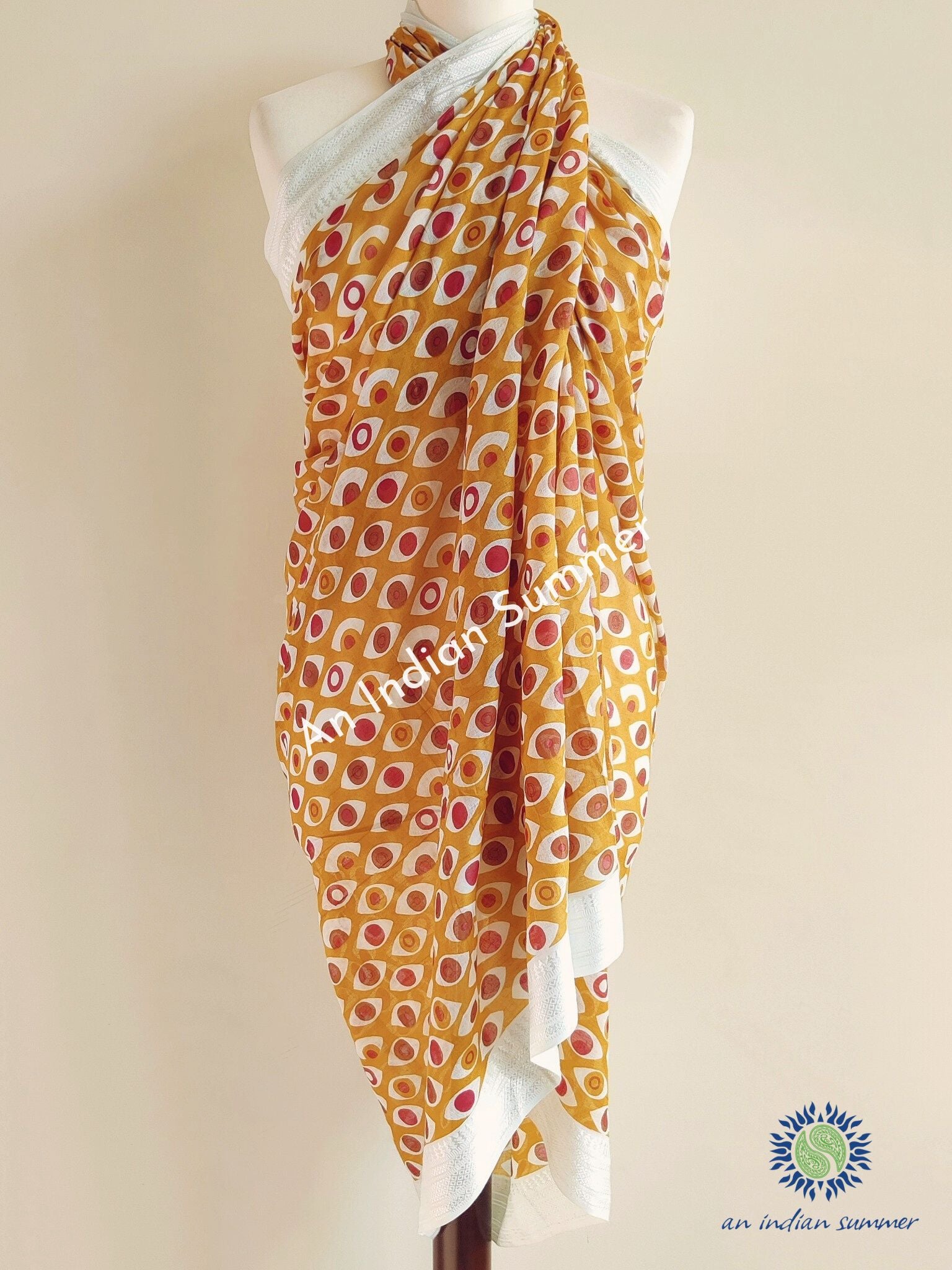 Evil Eye Woven Border Sarong Pareo | Mustard Yellow | Hand Block Printed | Soft Cotton Voile | An Indian Summer | Seasonless Timeless Sustainable Ethical Authentic Artisan Conscious Clothing Lifestyle Brand