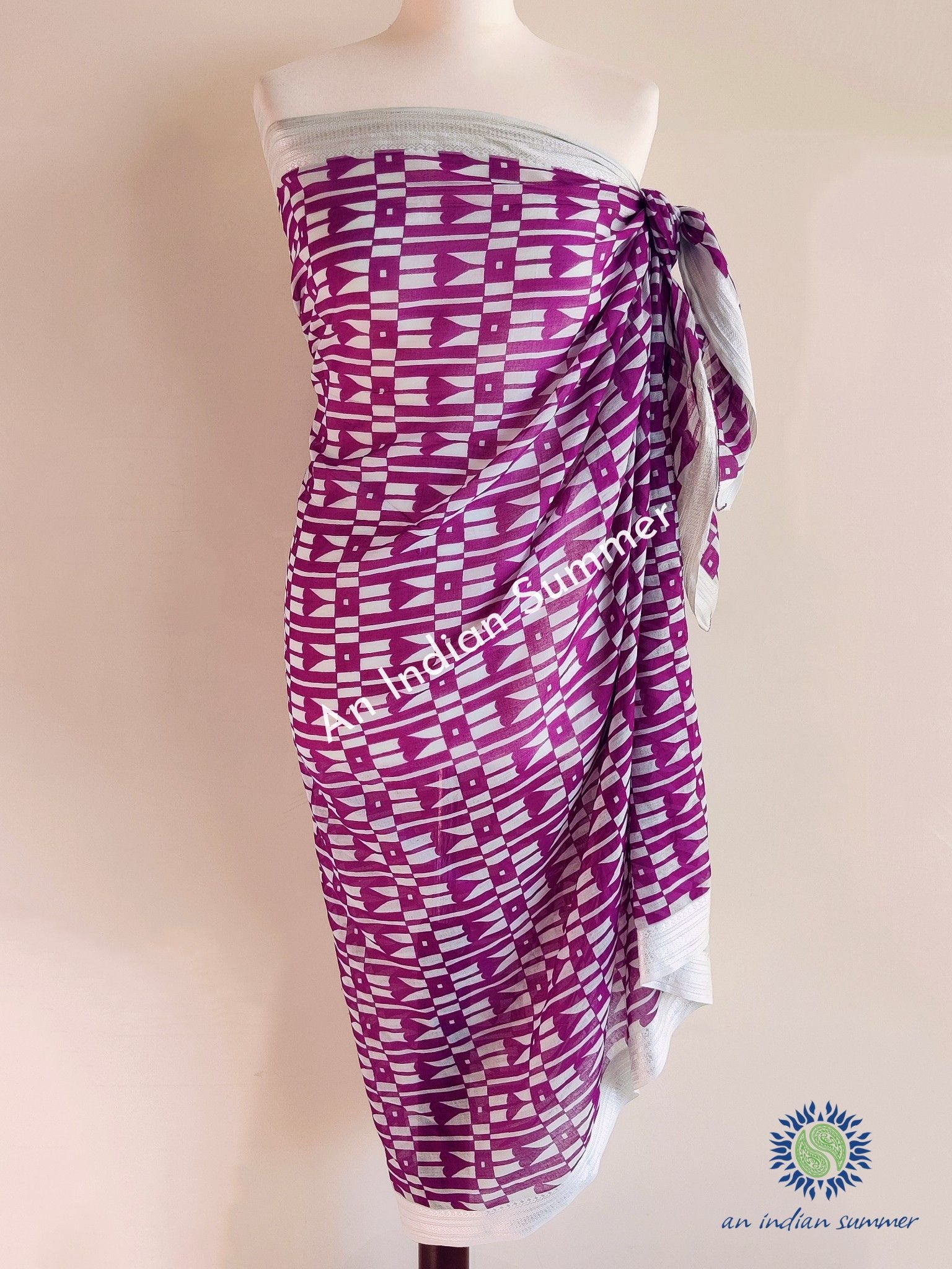 Hearts Woven Border Sarong Pareo | Magenta | Hand Block Printed | Soft Cotton Voile | An Indian Summer | Seasonless Timeless Sustainable Ethical Authentic Artisan Conscious Clothing Lifestyle Brand