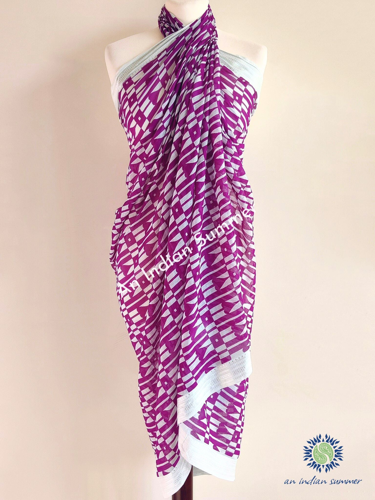 Hearts Woven Border Sarong Pareo | Magenta | Hand Block Printed | Soft Cotton Voile | An Indian Summer | Seasonless Timeless Sustainable Ethical Authentic Artisan Conscious Clothing Lifestyle Brand