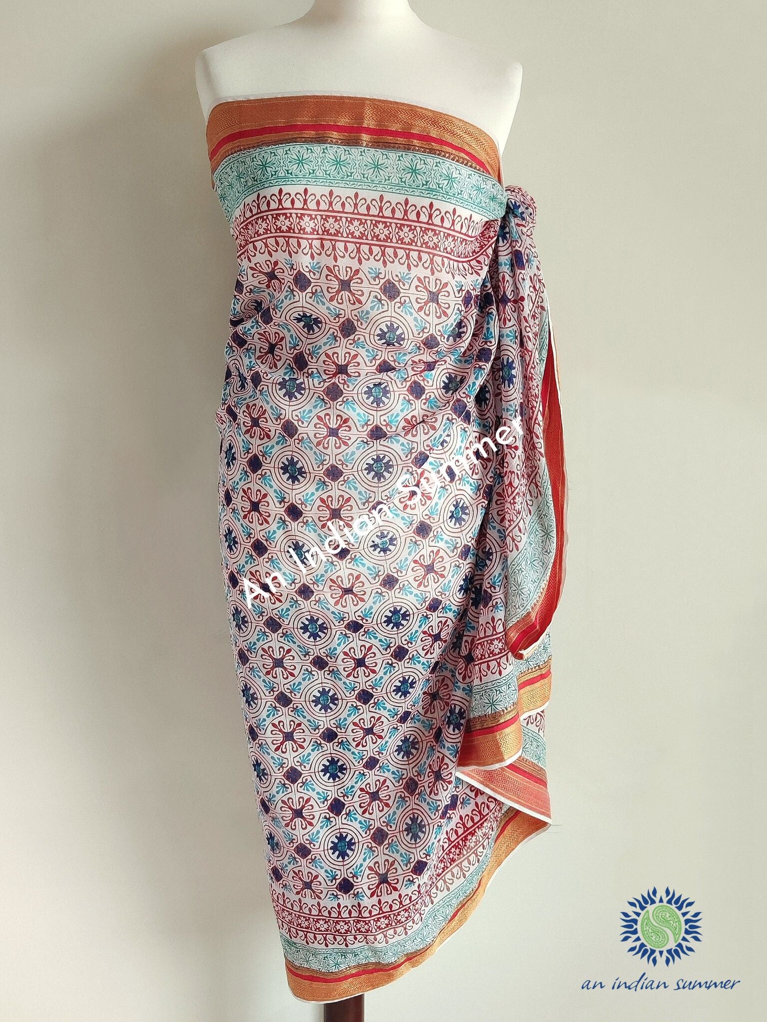 Tile Print Woven Border Sarong Pareo | Red | Hand Block Printed | Soft Cotton Voile | An Indian Summer | Seasonless Timeless Sustainable Ethical Authentic Artisan Conscious Clothing Lifestyle Brand