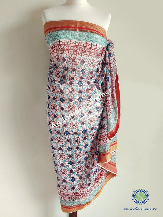 Tile Print Woven Border Sarong Pareo | Red | Hand Block Printed | Soft Cotton Voile | An Indian Summer | Seasonless Timeless Sustainable Ethical Authentic Artisan Conscious Clothing Lifestyle Brand