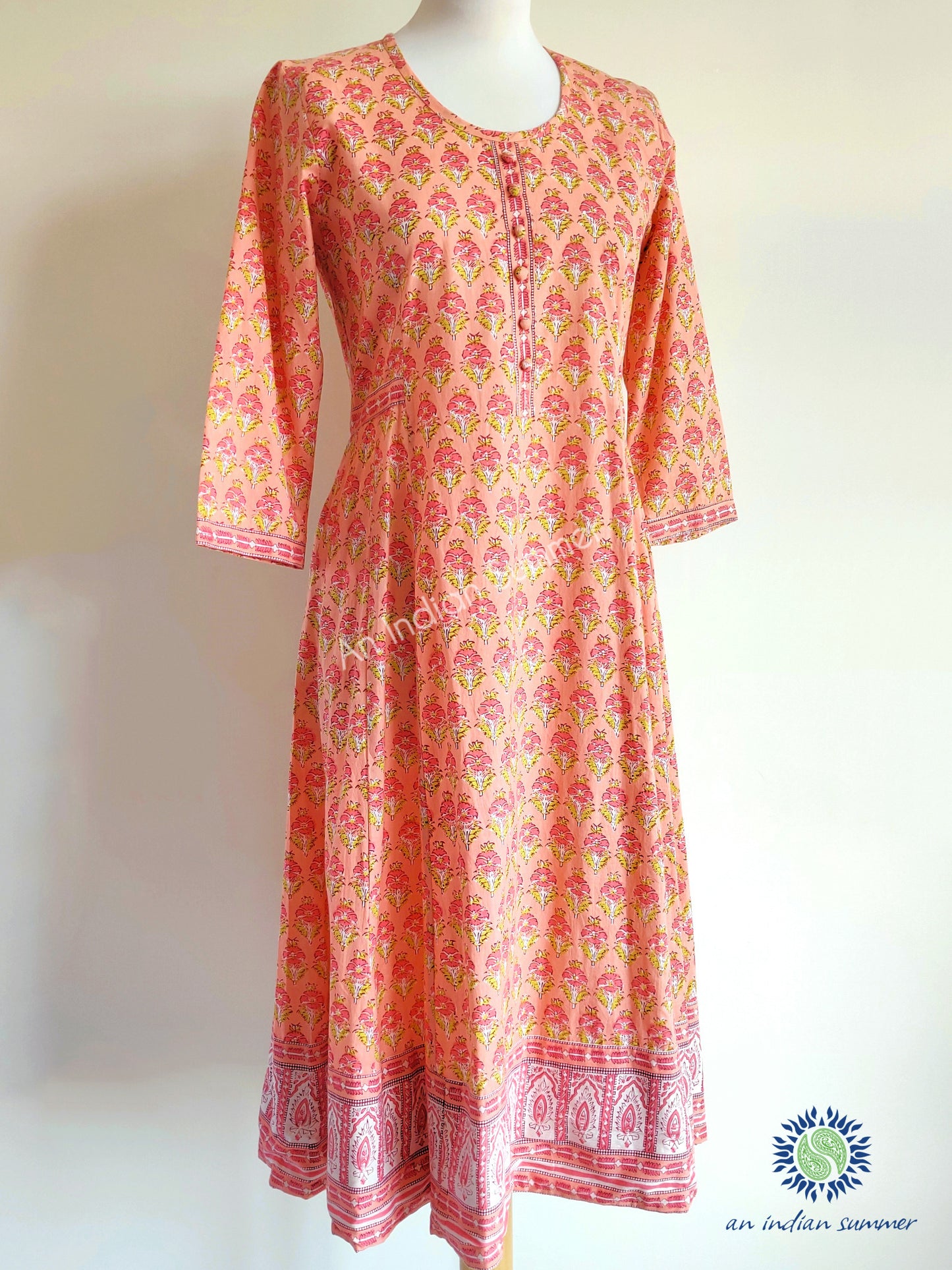 Aurora Dress | Papaya Coral | Floral Print | Hand Block Printed | Cotton | An Indian Summer | Seasonless Timeless Sustainable Ethical Authentic Artisan Conscious Clothing Lifestyle Brand