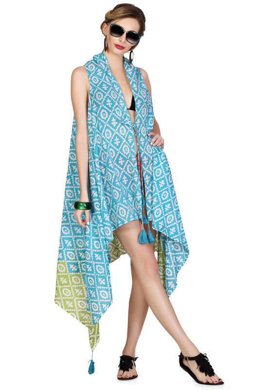 Bahamas Sleeveless Jacket Cover Up - Turquoise & Lime - An Indian Summer