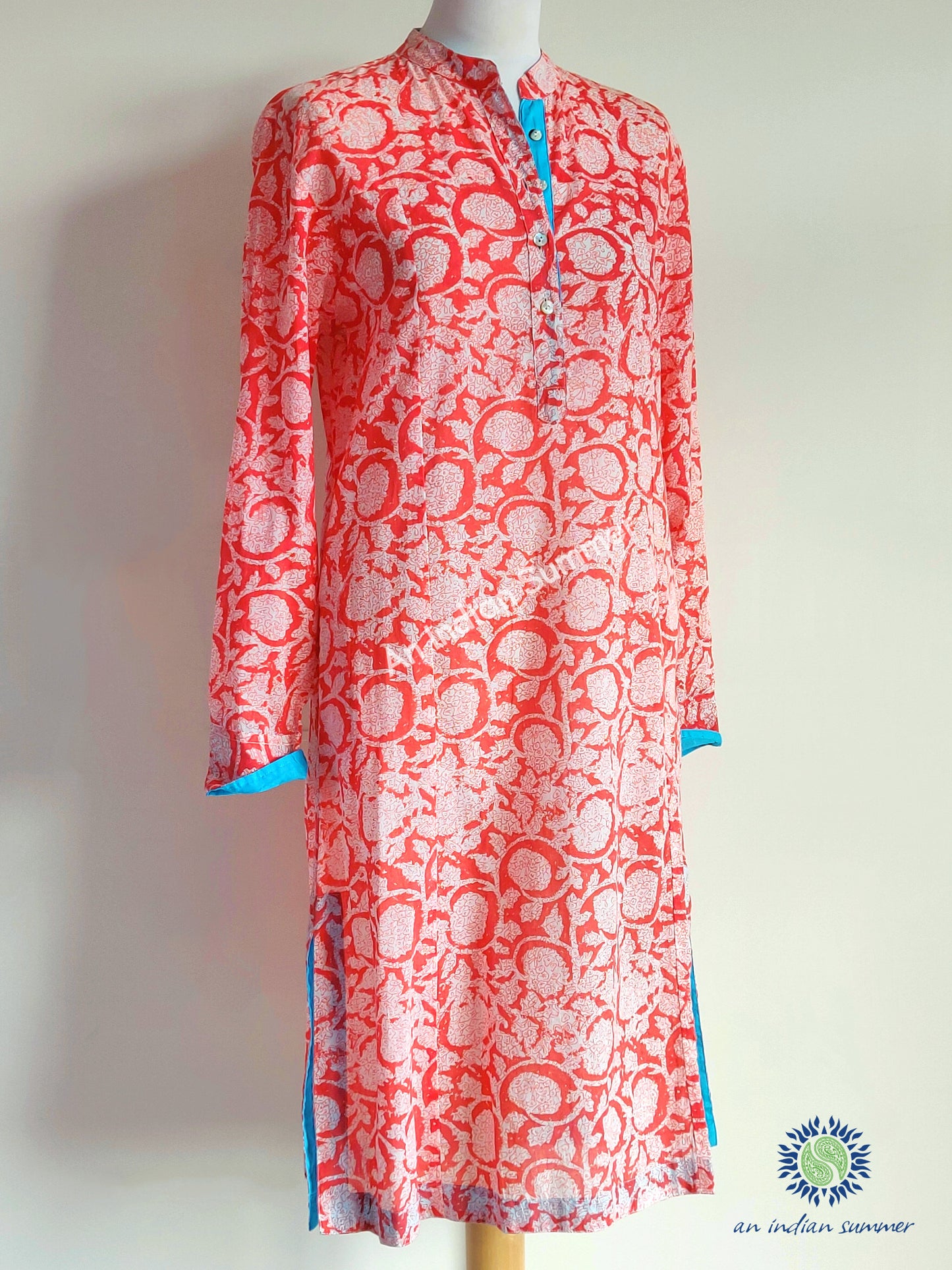 Tunic Dress Blossom Coral with Turquoise Contrast Detail | Hand Block Printed | Cotton Voile | An Indian Summer | Seasonless Timeless Sustainable Ethical Authentic Artisan Conscious Clothing Lifestyle Brand