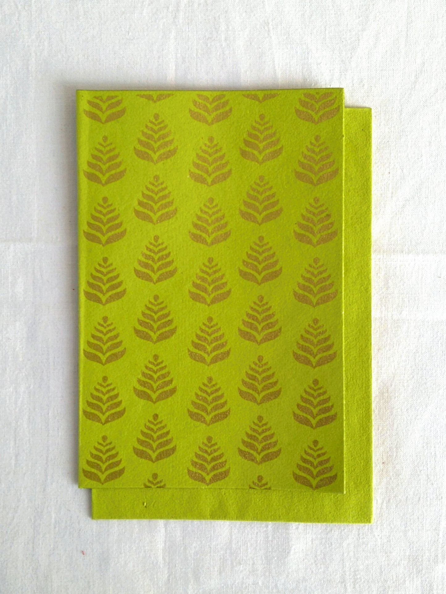 Chartreuse Lime - Set of 5 Gold Fern Motif Hand Block Printed Cards - An Indian Summer