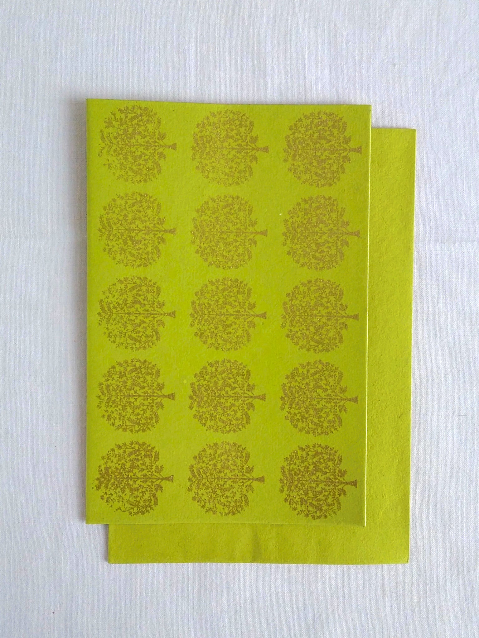 Chartreuse Lime - Set of 5 Gold Tree Motif Hand Block Printed Cards - An Indian Summer