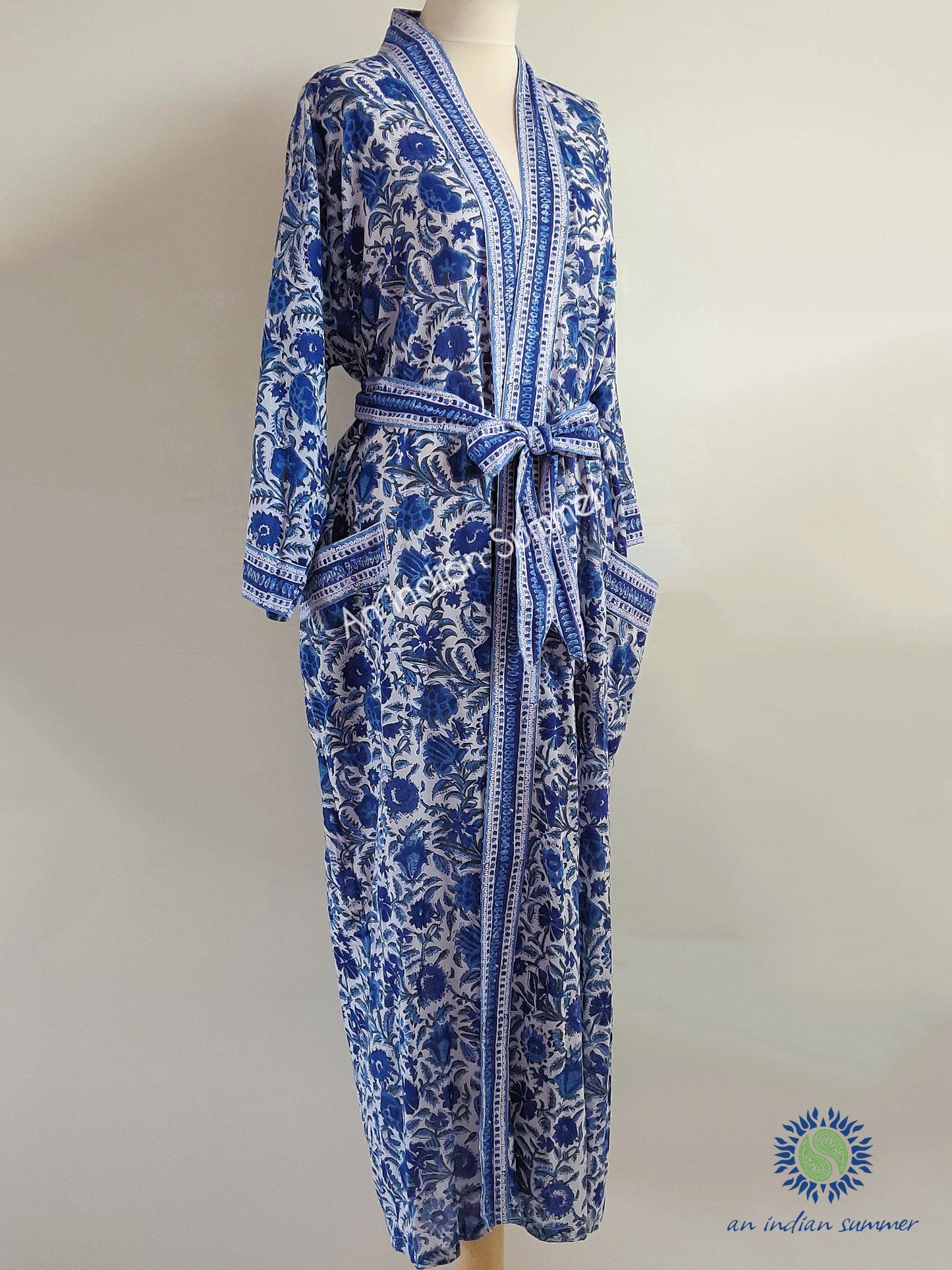 Long Kimono Robe | Chinoiserie | Shades of Blue | Floral Block Print | Hand Block Printed | Cotton Voile | An Indian Summer | Seasonless Timeless Sustainable Ethical Authentic Artisan Conscious Clothing Lifestyle Brand