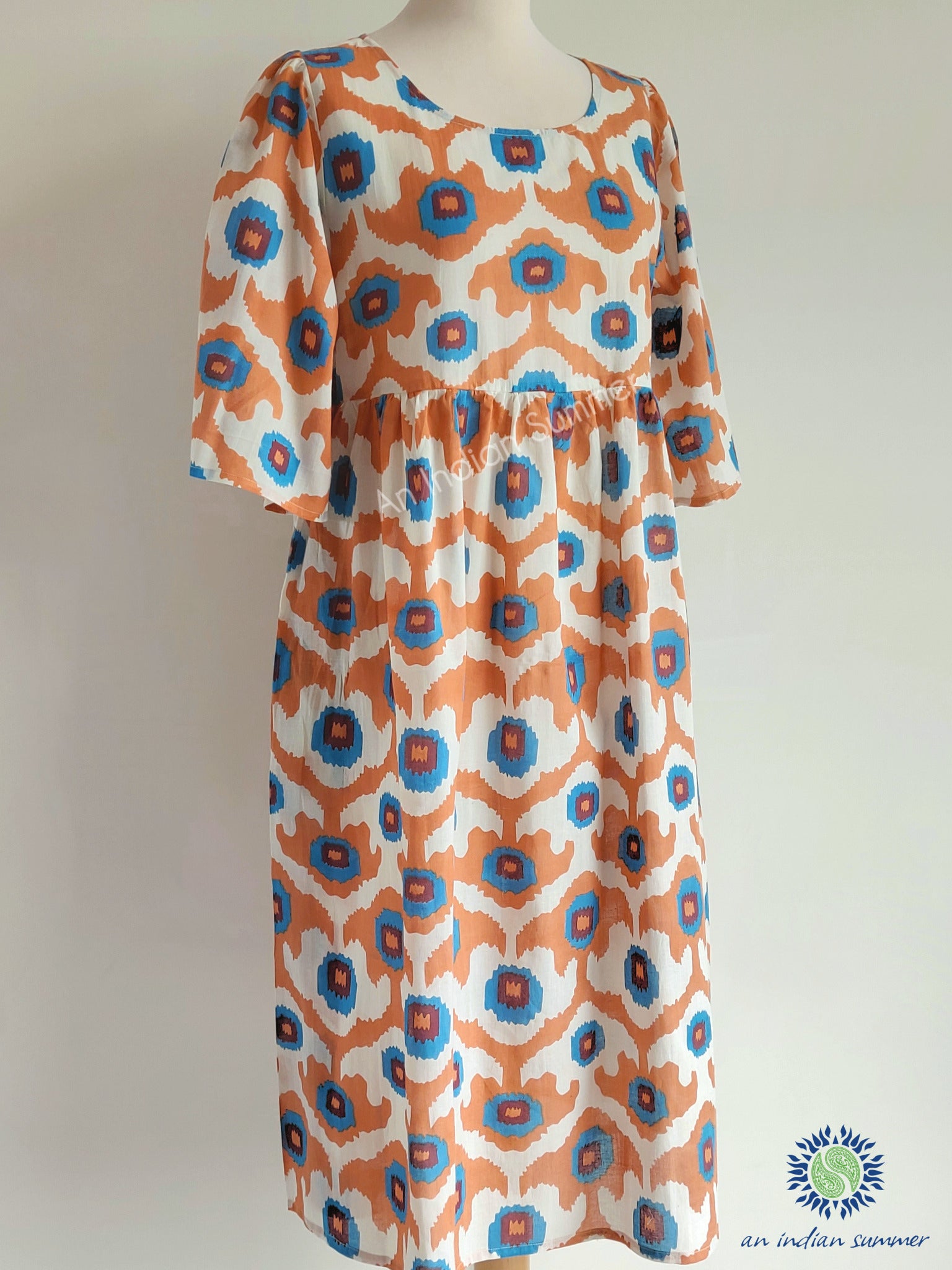 Oversized Market Dress Ikat Apricot Comfy easy-fit lightweight cotton dress with Two deep pockets An Indian Summer Timeless Sustainable Ethical Authentic Artisan Clothing Brand