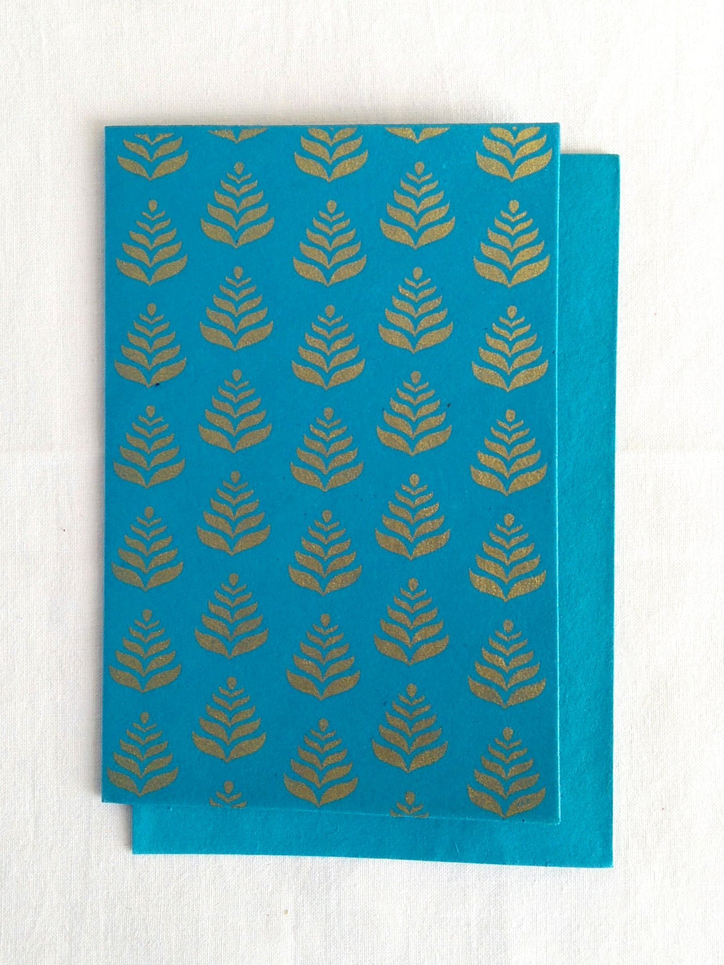 Firoza Turquoise - Set of 5 Gold Fern Motif Hand Block Printed Cards - An Indian Summer