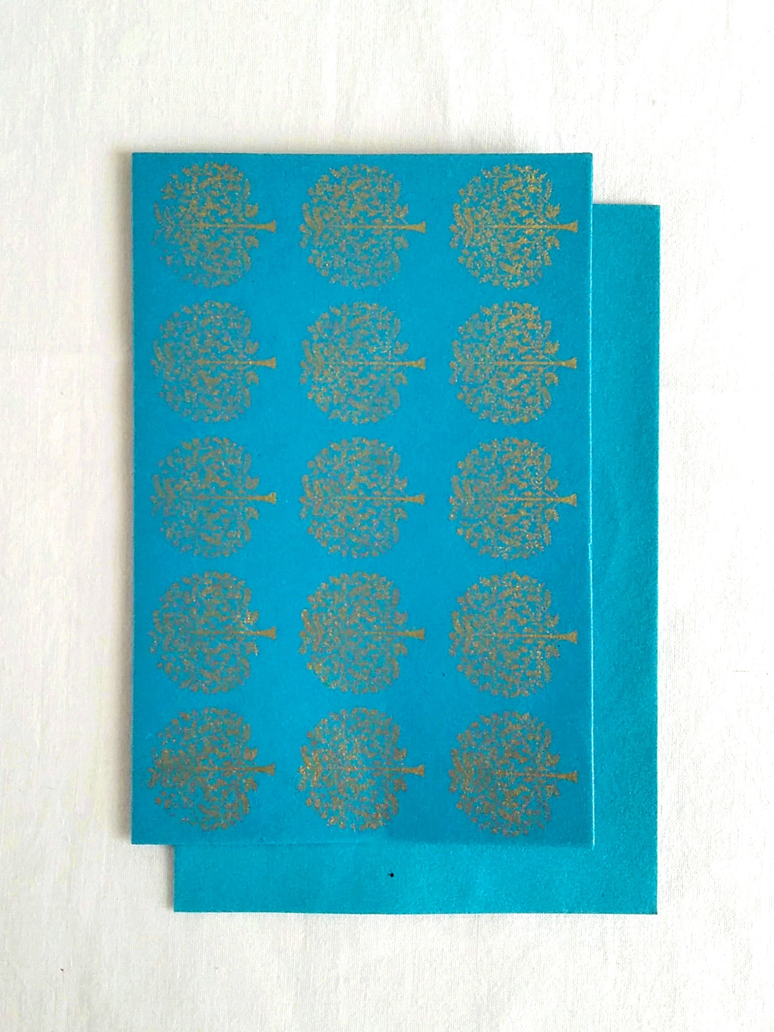 Firoza Turquoise - Set of 5 Gold Tree Motif Hand Block Printed Cards - An Indian Summer