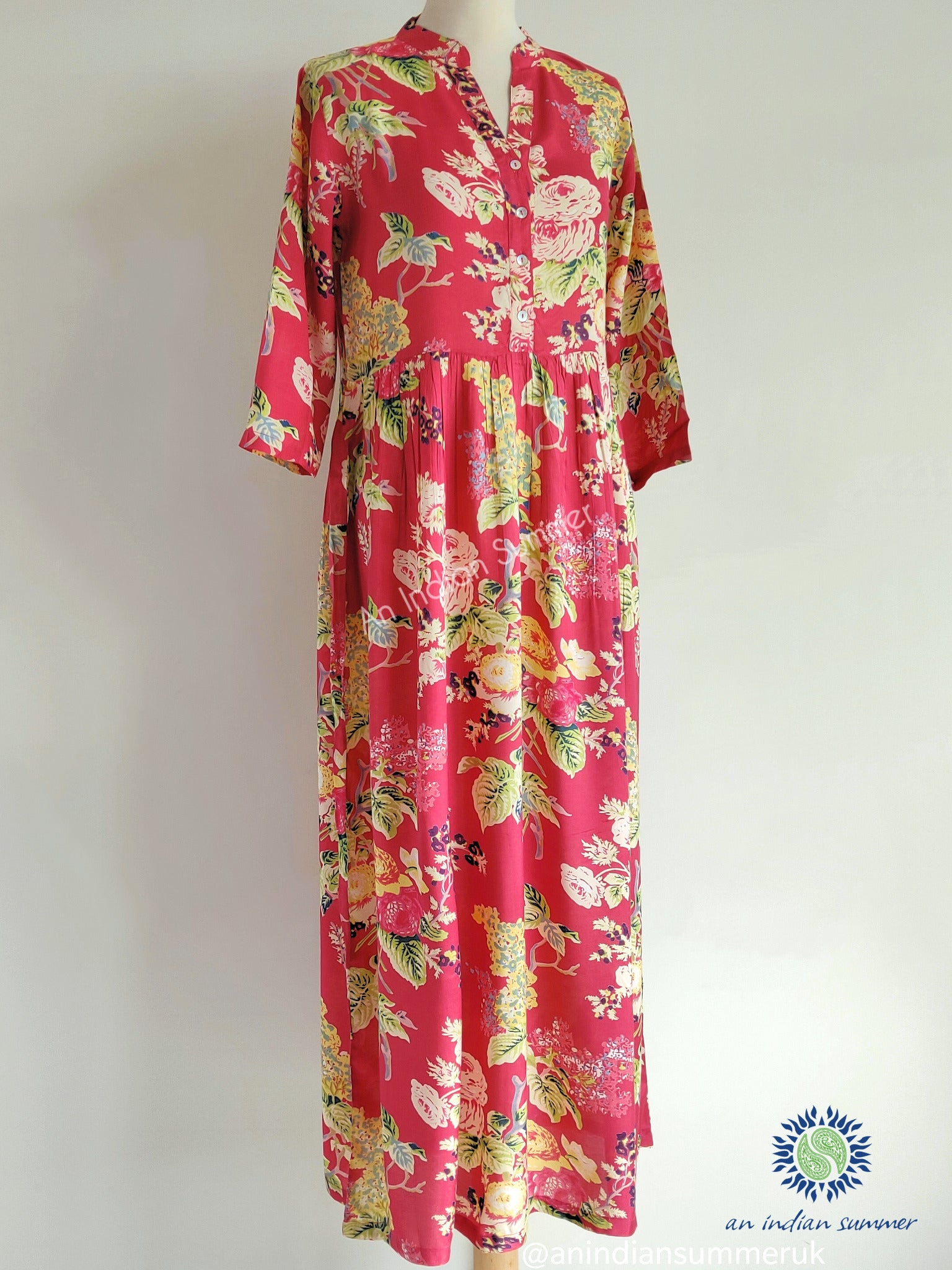 Grace Maxi Dress | Bold Coral Floral Print Roses | An Indian Summer | Seasonless Timeless Sustainable Ethical Authentic Artisan Conscious Clothing Lifestyle Brand