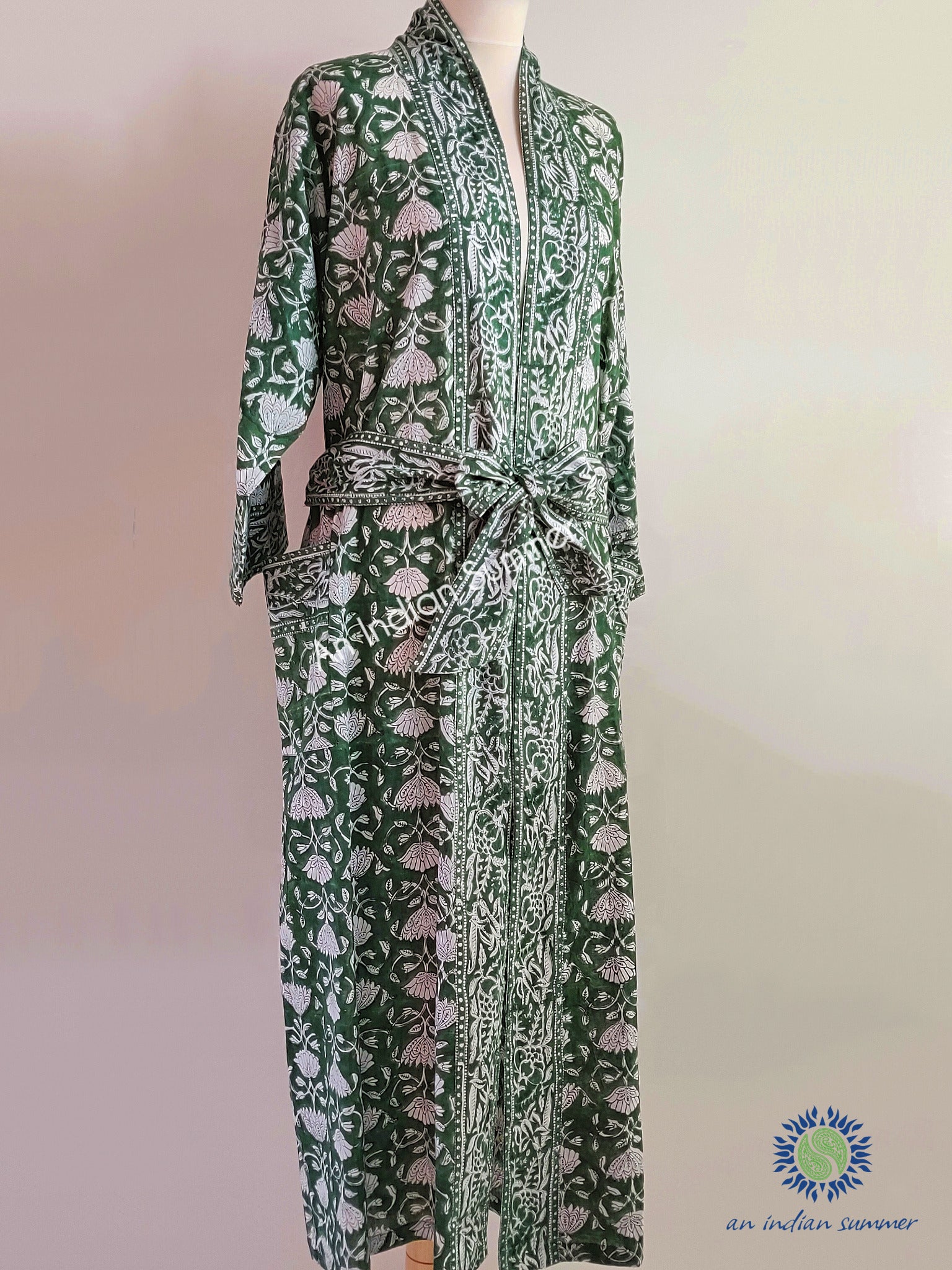 Long Kimono Robe | Lotus | Forest Green | Floral Block Print | Hand Block Printed | Cotton Voile | An Indian Summer | Seasonless Timeless Sustainable Ethical Authentic Artisan Conscious Clothing Lifestyle Brand