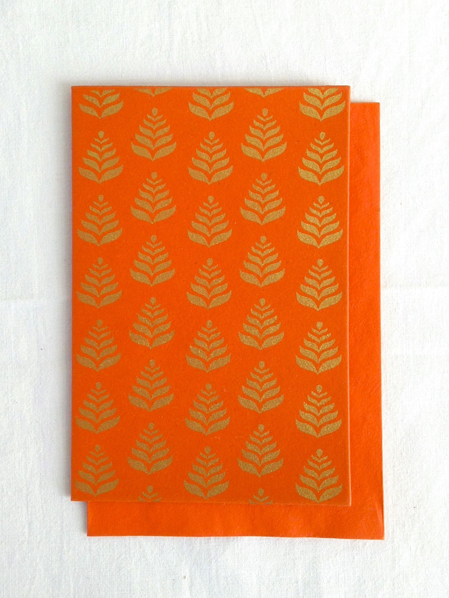 Narangi Orange - Set of 5 Gold Fern Motif Hand Block Printed Cards - An Indian Summer