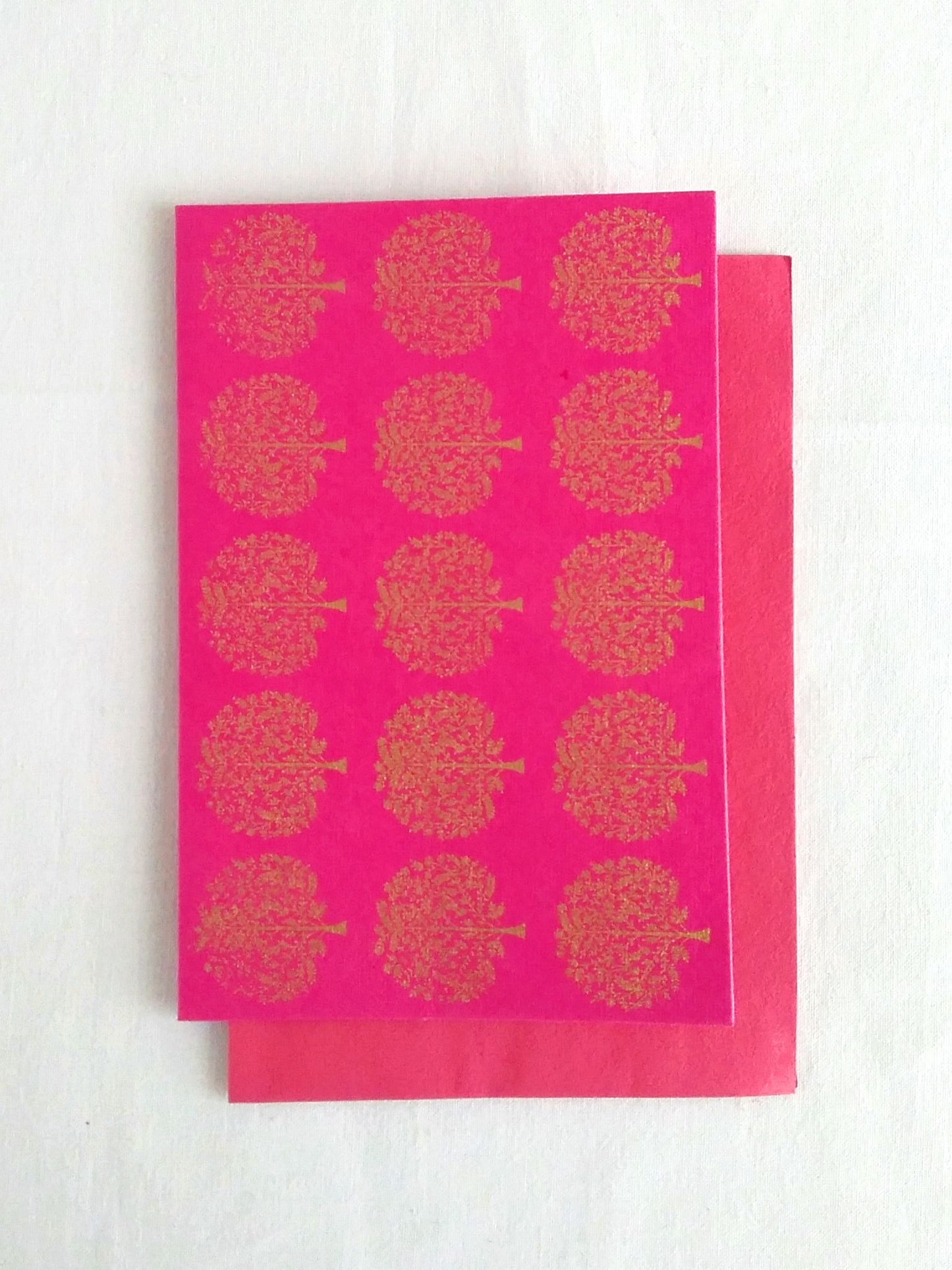 Rani Pink - Set of 5 Gold Tree Motif Hand Block Printed Cards - An Indian Summer