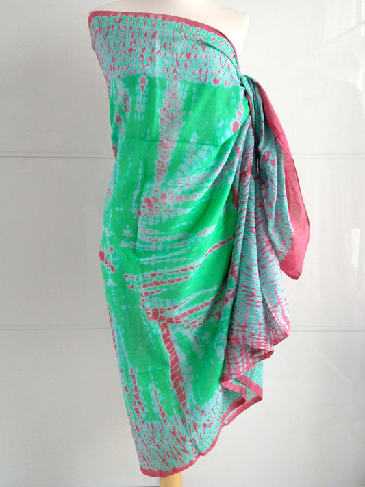 Shibori Sarong Pareo | Sea Green & Coral | Hand Tie Dyed | Soft Cotton Voile | An Indian Summer | Luxury Resortwear Swimwear Beachwear | Seasonless Timeless Sustainable Ethical Authentic Artisan Conscious Clothing Lifestyle Brand