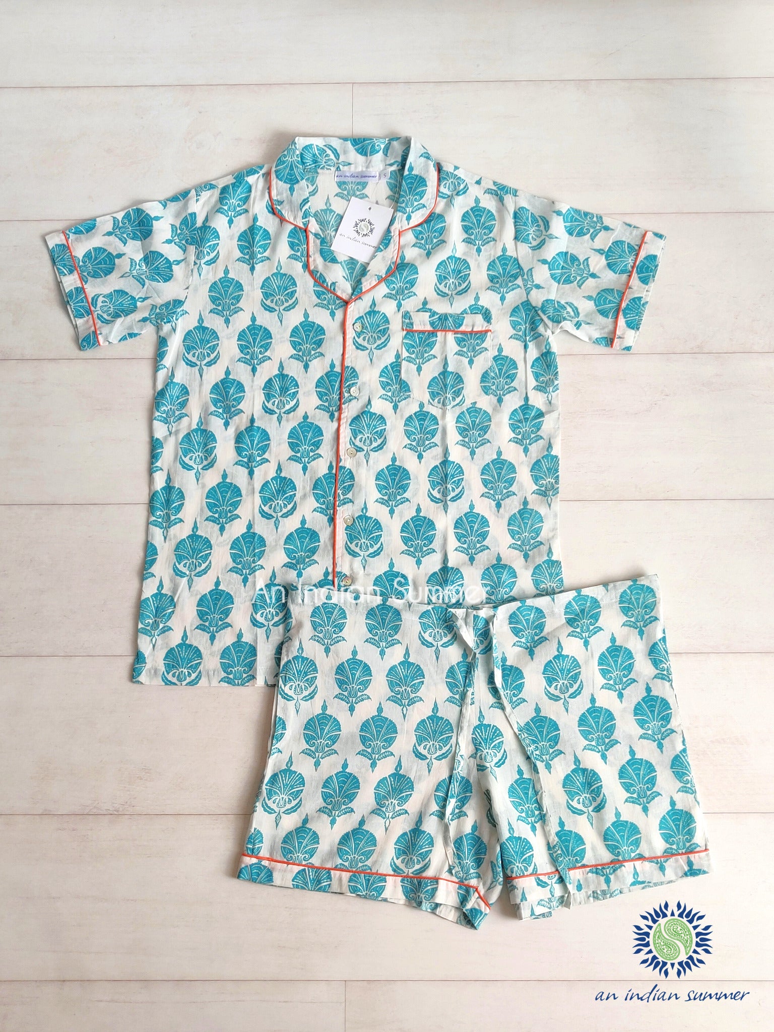 Short Pyjama Set Ottoman Flower | Turquoise with Coral Contrast Details | Hand Block Printed Cotton Voile | An Indian Summer | Authentic Timeless Sustainable Ethical Artisan Conscious Responsible Clothing