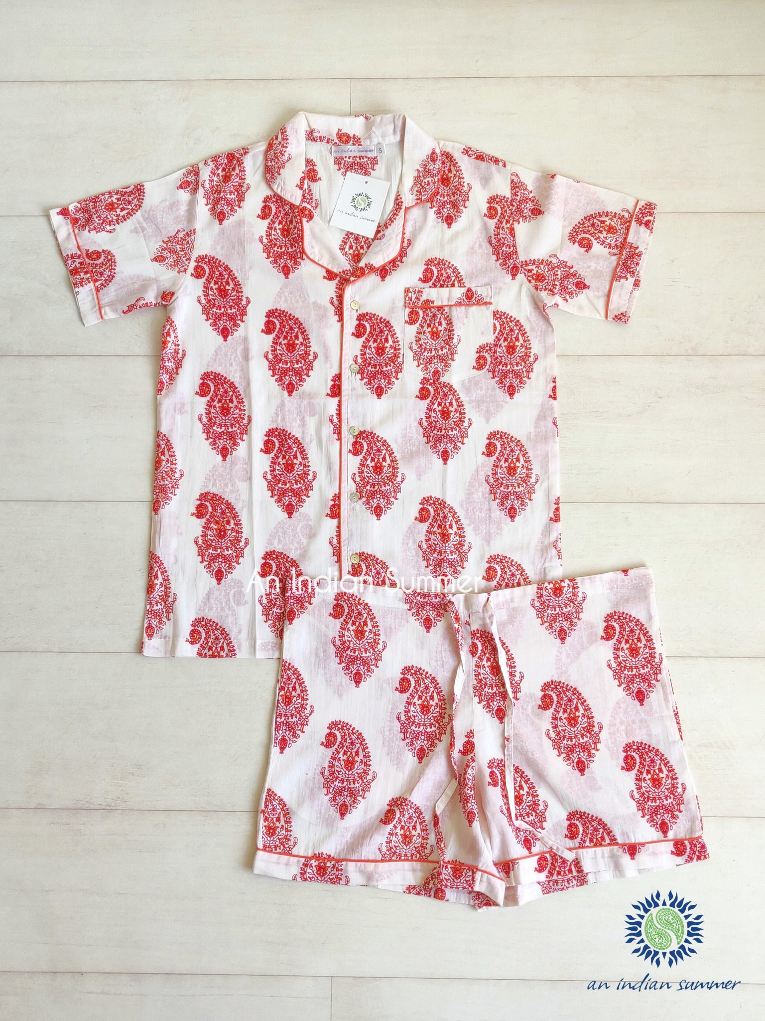 Short Pyjama Set Paisley | Red and Orange with Coral Contrast Details | Hand Block Printed Cotton Voile | An Indian Summer | Authentic Timeless Sustainable Ethical Artisan Conscious Responsible Clothing