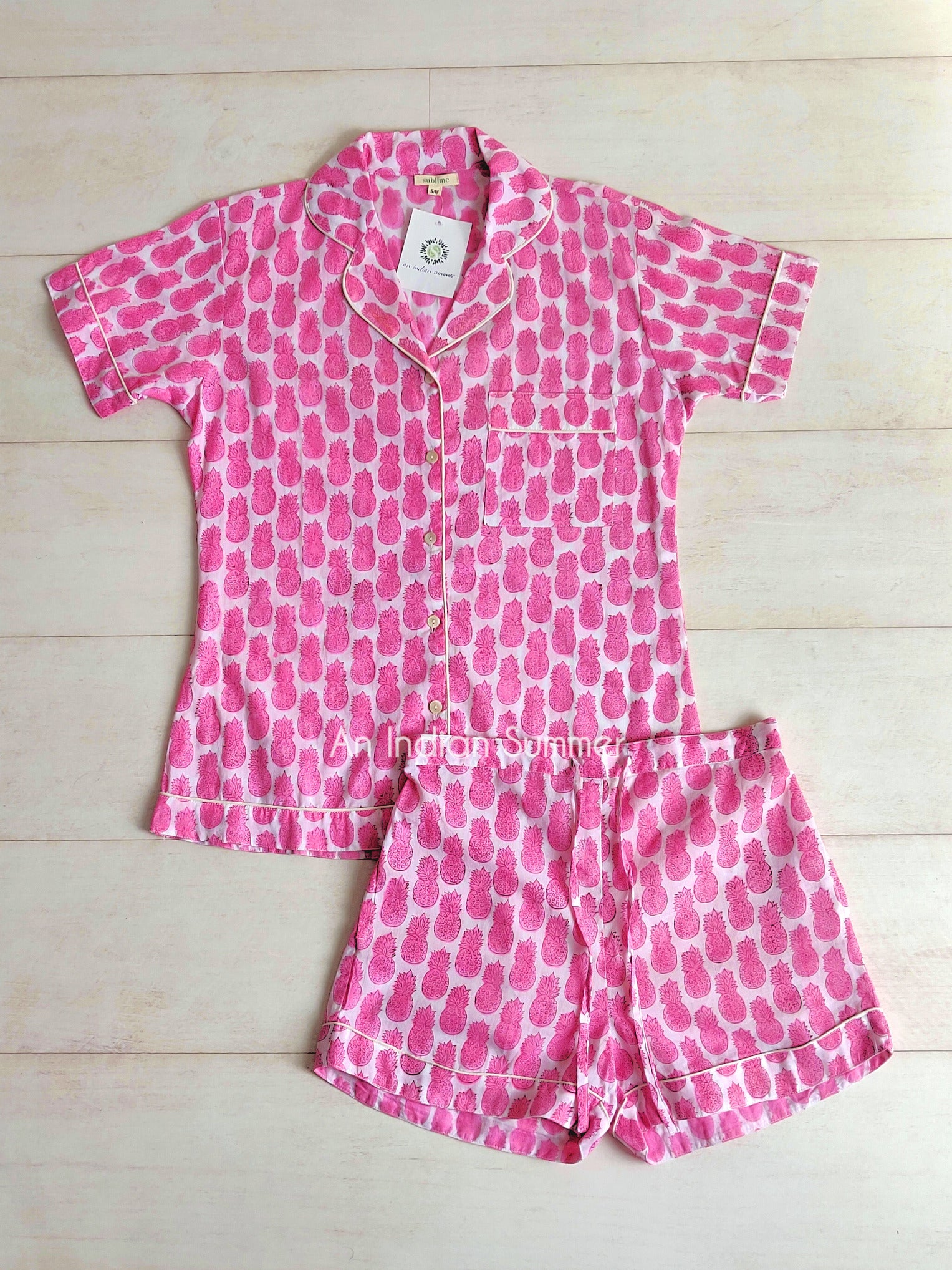Short Pyjama Set | Pineapple Print | Pink | Hand Block Printed | Cotton Voile | An Indian Summer