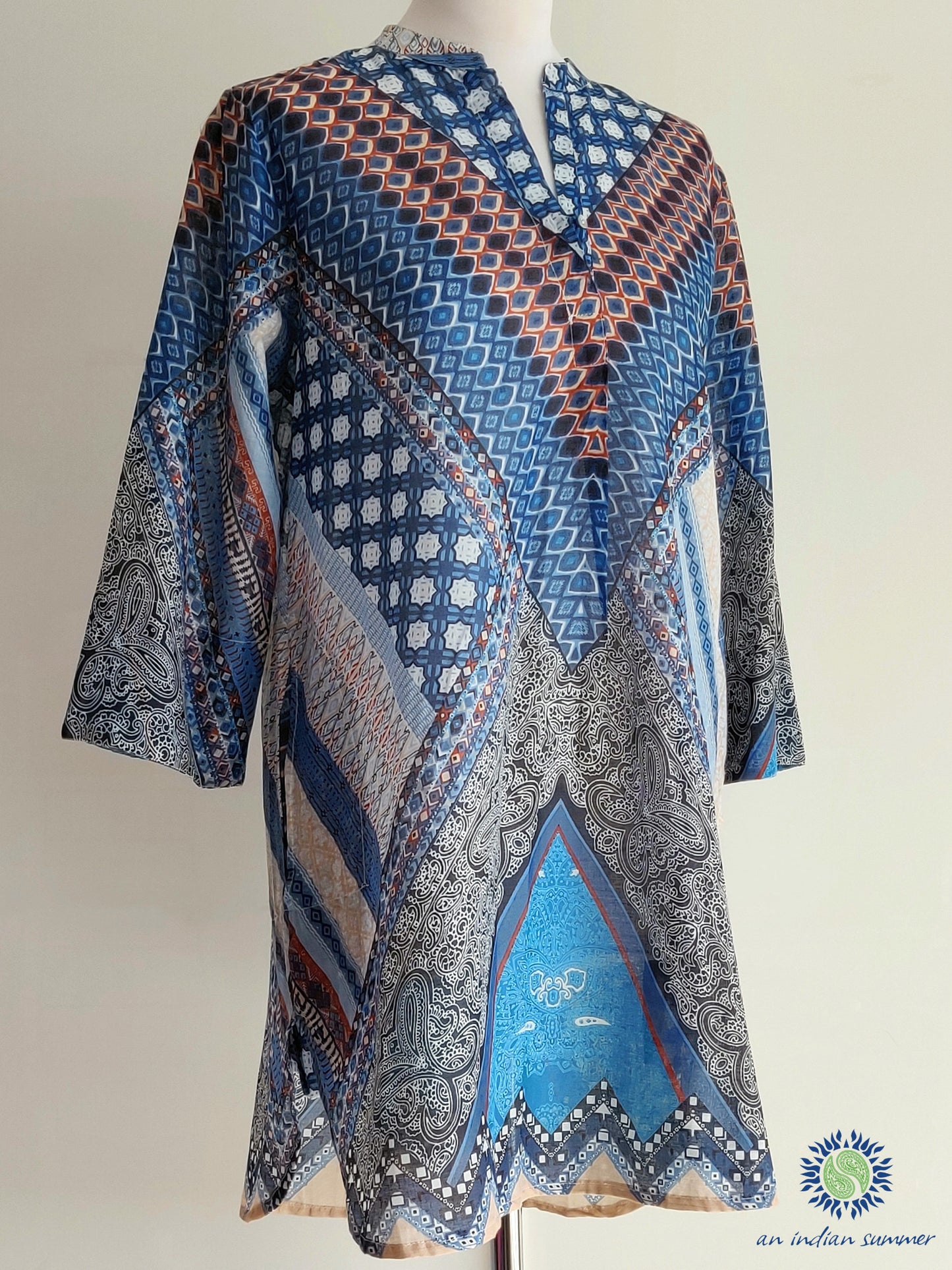 Yolanda Tunic | Blue | African Inspired Print Tunic | Soft Fine Lightweight Cotton Voile | An Indian Summer | Sustainable Ethical Authentic Artisan Brand